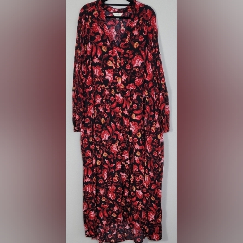 Terra & Sky Floral Tiered Maxi Dress Plus Size 3X Red Pockets Cottage Prarie